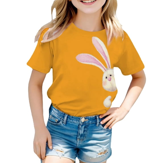 Baby Girls Tops & T-Shirts Easter Bunny Cute Rabbit Graphic Crew Neck Short Sleeve Tops Pullover Tshirts Outwear,Yellow,1-2 Years