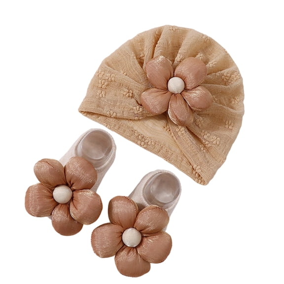 Baby Girls Turban Hat with Flower Accent, Newborns Bonnet 0-12 Month Infant Hospital Caps with Socks Toddler Shower Gift