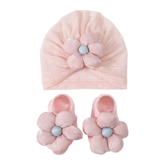 Baby Girls Turban Hat with Flower Accent, Newborns Bonnet 0-12 Month Infant Hospital Caps with Socks Toddler Shower Gift