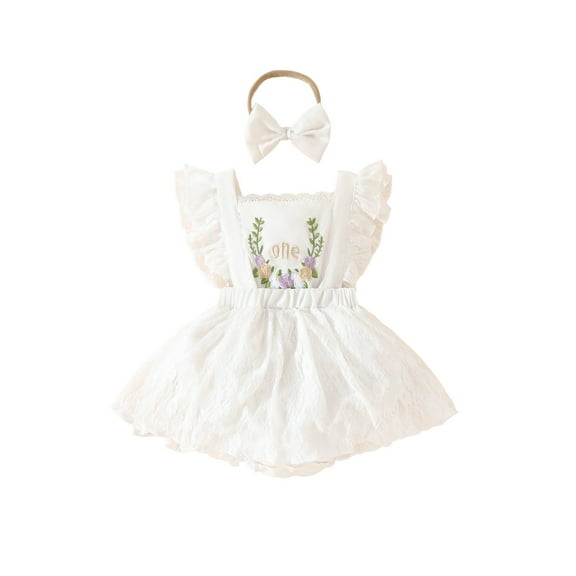 Baby Girls Tutu Dress Ruffle Flying Short Sleeve Princess Dresses Bowknot Headband 2 Pieces Birthday Party Pageant Gown White 12-18 Months