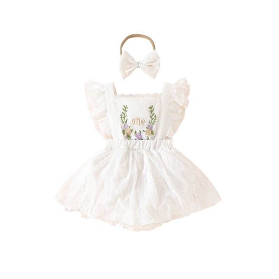 Baby Girls Tutu Dress Ruffle Flying Short Sleeve Princess Dresses Bowknot Headband 2 Pieces Birthday Party Pageant Gown White 12-18 Months