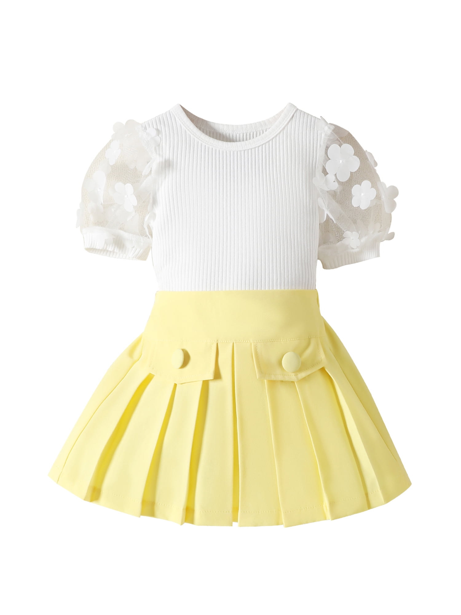 Baby Girls Two Piece Outfits Flower Mesh Short Sleeve Tops and Pleated