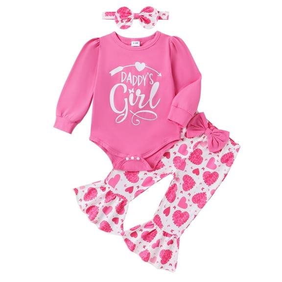 Baby Girls Valentine’s Day Outfits Puff Sleeve Romper Heart Flare Pants Headband Set Infant Clothes