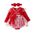 thumbnail image 1 of Baby Girls Valentine's Day Romper Long Sleeve Crew Neck Heart Letter Print Tulle Patchwork Romper with Headband, 1 of 10