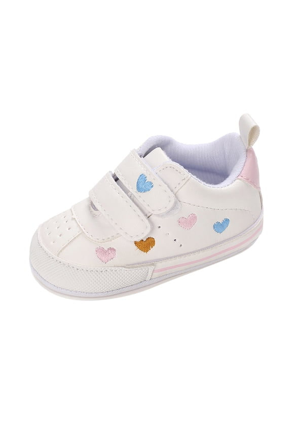 Baby Girls Walking Shoes Heart Embroidered Wide Width Non Slip Sneakers Infant First Walking Toddler Crib Shoes White