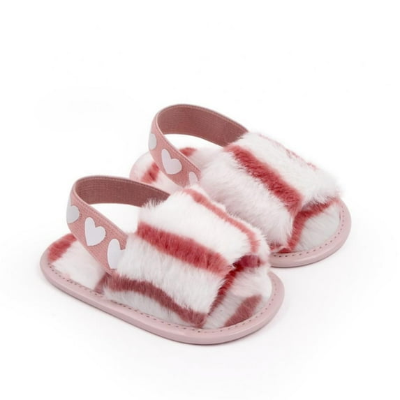 Baby Girls Warm Fuzzy Slipper Plush Sandals Soft Sole Faux Fur Flats Toddler Prewalker Slipper Elastic Back Strap