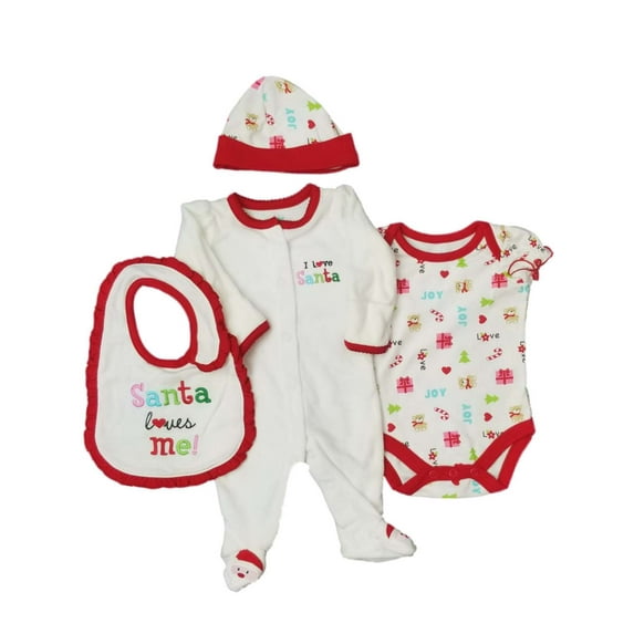 Baby Girls White Body Suit Hat Bib Christmas Santa Sleeper Holiday Pajamas 0-3M