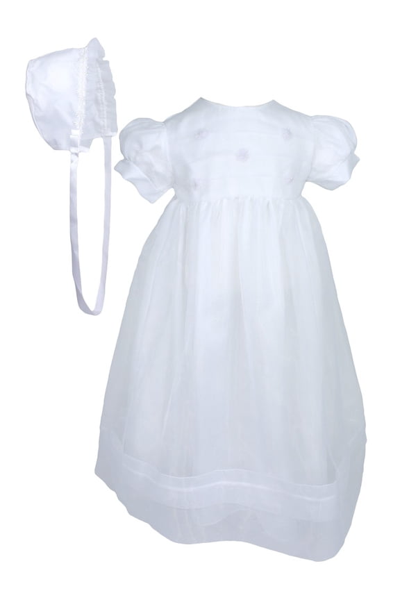 Baby Girls White Organza Sheer Flowers Bonnet Christening Dress Outfit