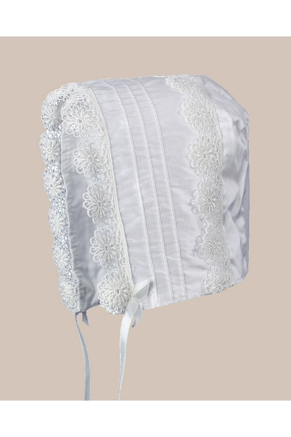 Baby Girls White Silk Christening Baptism Hat with Pin Tucking and Lace Trim (Baby)