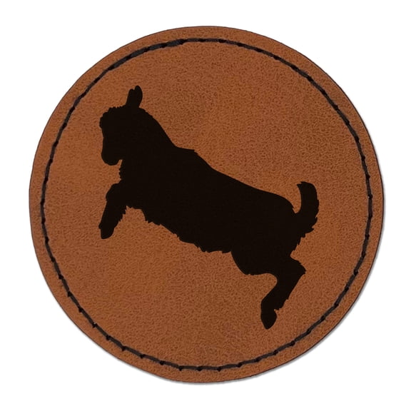 Baby Goat Jumping Playing 2.5" Faux Leather Round Engraved Iron-On Patch - Brown
