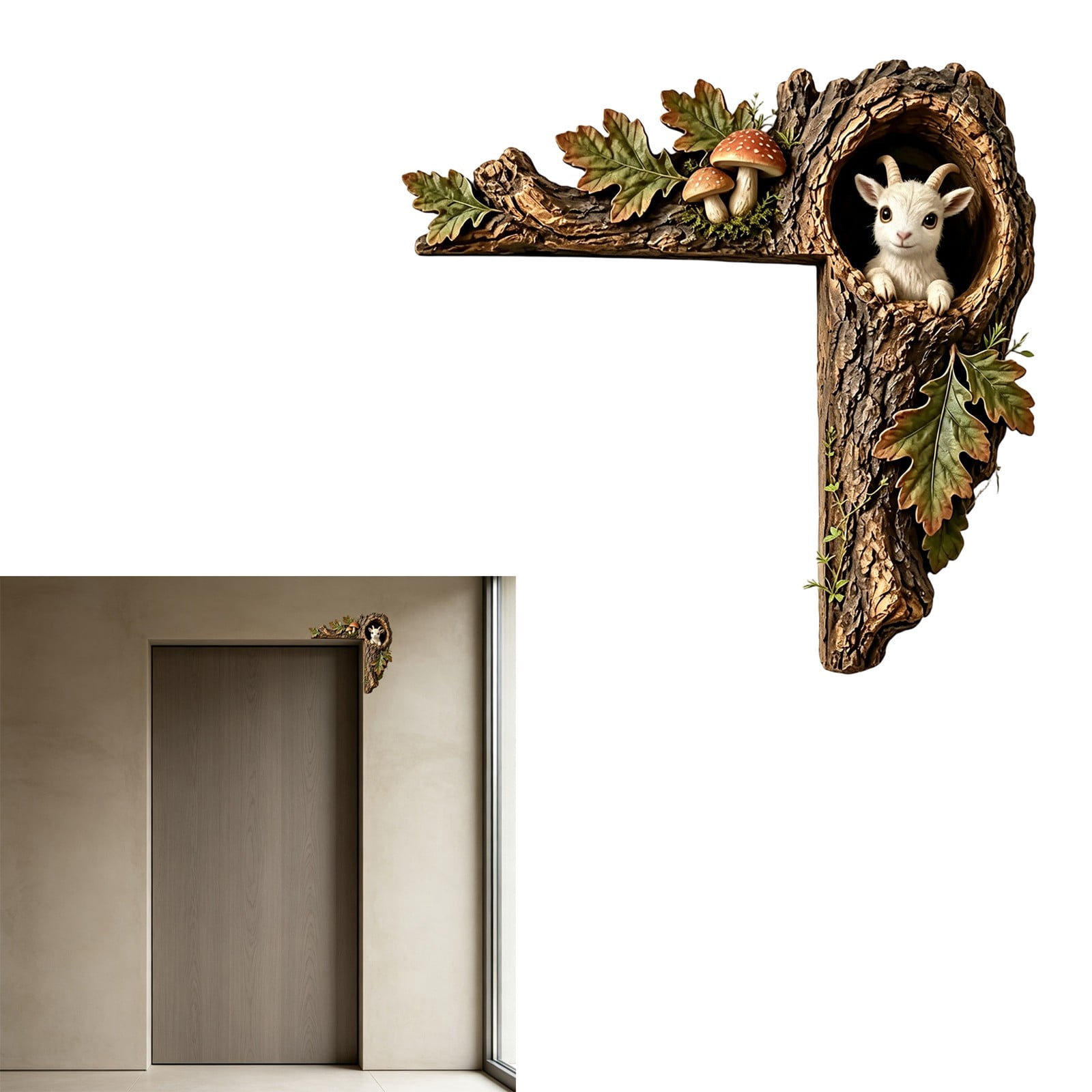 Rustic Goat Baby Goat Tree Stump Door Topper, 7.8 Inch L-Shaped Wooden Door Corner ...