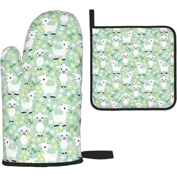 Baby Goats On Green Oven Mitts and Pot Holders Sets,Heat Resistant Non Slip Kitchen Gloves Hot Pads with Inner Cotton Layer for Cooking BBQ Baking Grilling