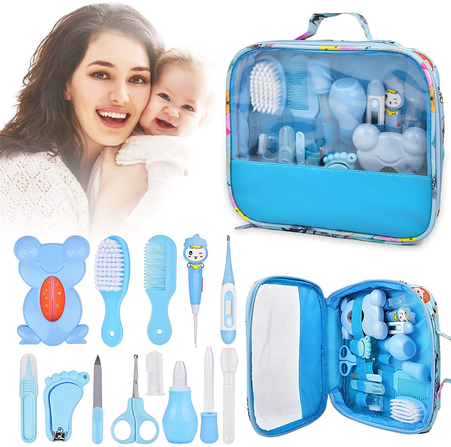 Baby Grooming and Healthcare Kit, 13 in 1 Baby Care Products, Baby Stuff Shower Gifts for Newborn, Fahrenheit Thermometer, Nail Clippers Trimmer Set, Comb Brush, Nursery Care Kit，Blue