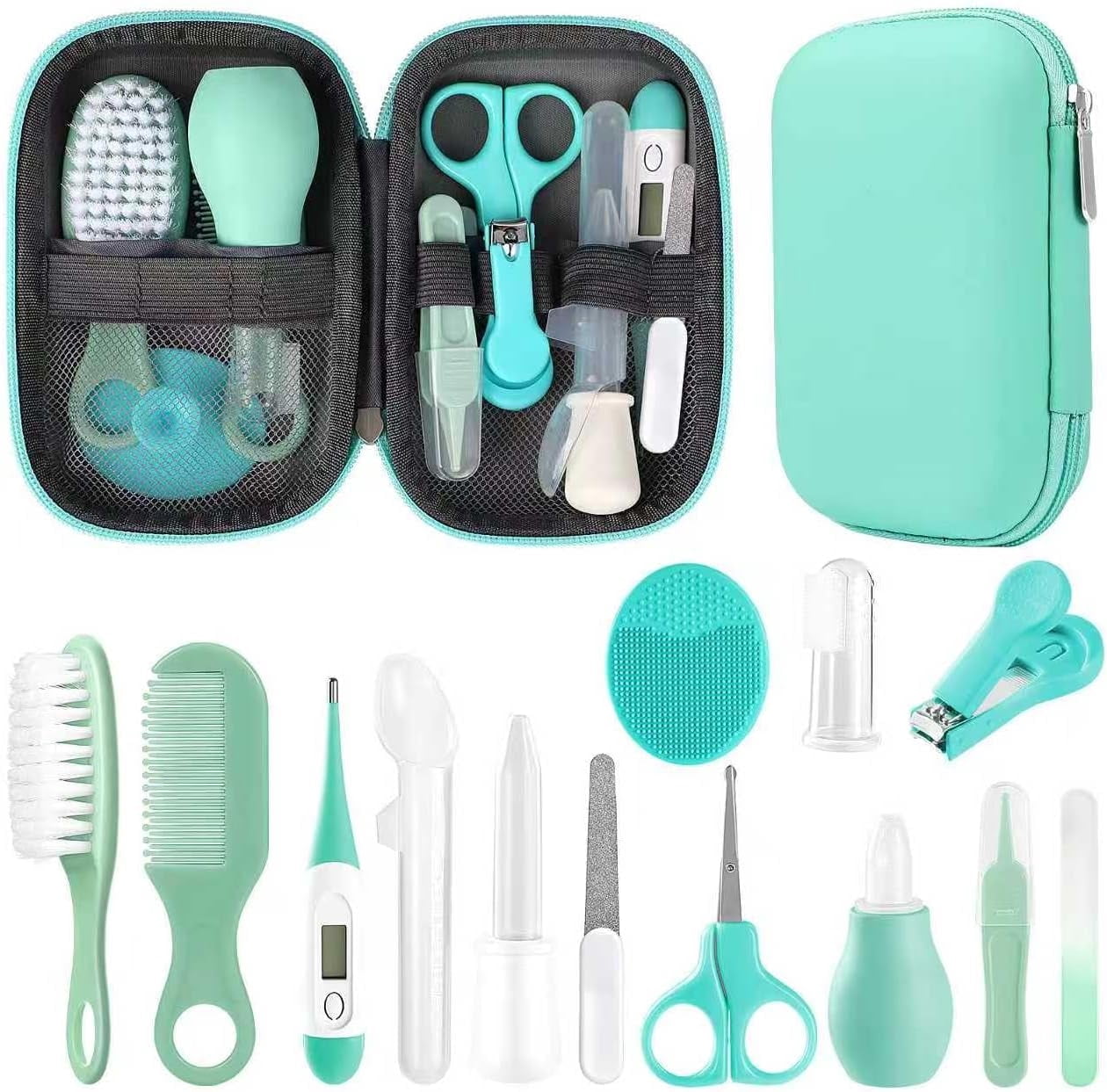 Baby Grooming Kit, Infant Safety Care Set with Hair Brush Comb Nail Clipper Nasal Aspirator,Baby Essentials Kit for Newborn Girls Boys (Green Baby Grooming kit)