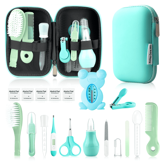 Baby Grooming Kit, Infant Safety Care Set with Hair Brush Comb Nail Clipper Nasal Aspirator,Baby Essentials Kit for Newborn Girls Boys (Green Baby Grooming kit)
