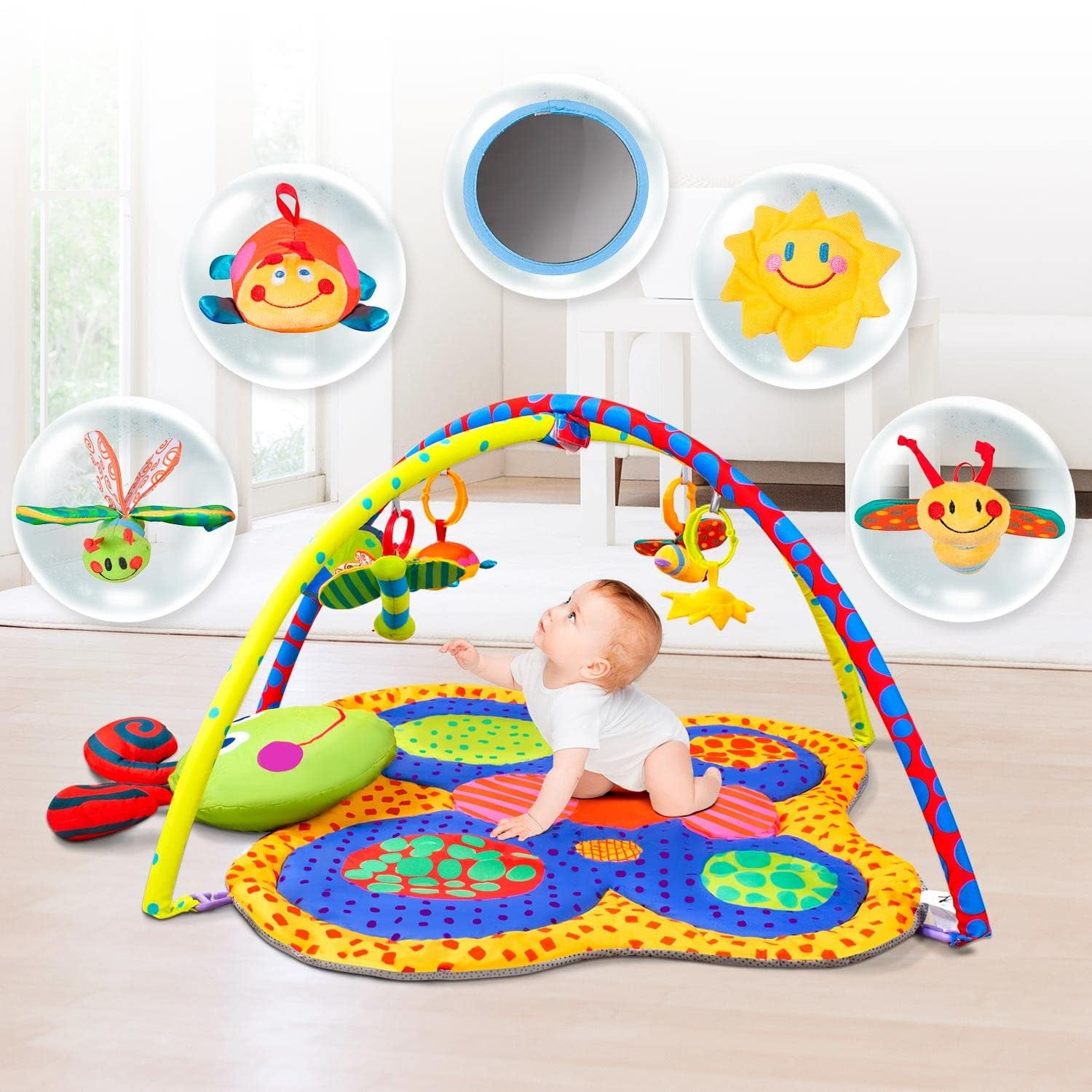 Baby Gym Play Mat, 6-in-1 Tummy Time Mat with Toys, Washable