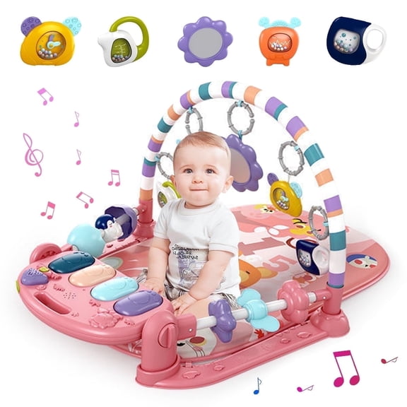 Baby Gym Play Mat, Caveen Musical Fitness Tummy Time Mat, for 0-36 Months Boys Girls, Orange Red