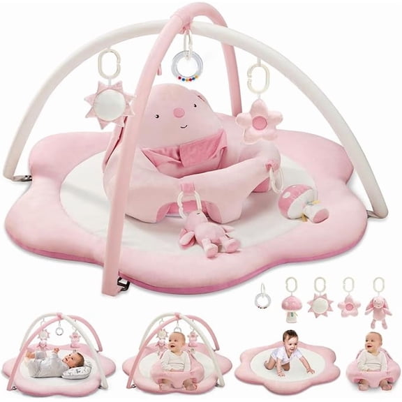 Baby Gym Play Mat, Sitting-up Babies Seats for Infants,with 5 Detachable Toys, Infant Toddler Activity Tummy Time Playmats for Newborn 0-12 Months