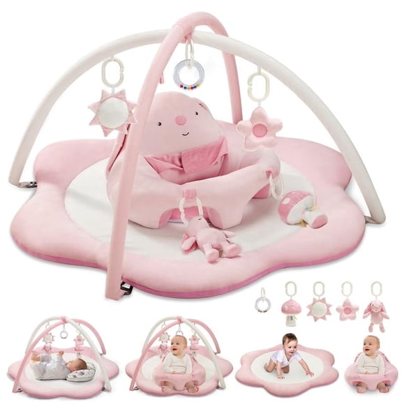 Baby Gym Play Mat, Sitting-Up Babies Seats for Infants,with 5 Detachable Toys, Infant Toddler Activity Tummy Time Playmats for Newborn 0-12 Months