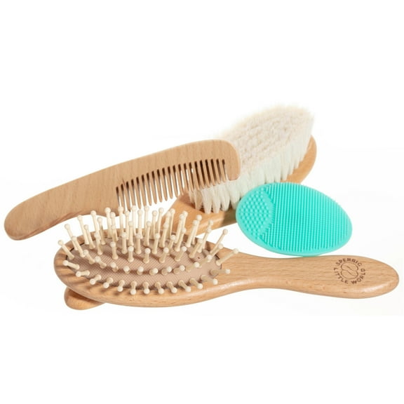 Baby Hair Brush and Comb Set for Newborn Wooden Baby Brush with Soft Goat Bristle, Cradle Cap Brush for Newborns, Boys and Girls, Blue
