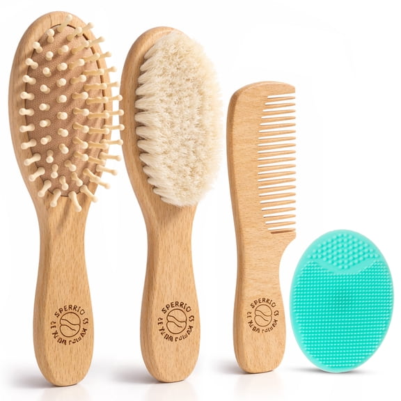 Baby Hair Brush and Comb Set for Newborn  Wooden Baby Brush with Soft Goat Bristle, Cradle Cap Brush for Newborns, Boys and Girls, Blue