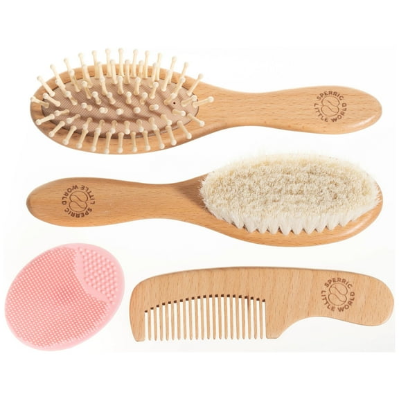 Baby Hair Brush and Comb Set for Newborn Wooden Baby Brush with Soft Goat Bristle, Cradle Cap Brush for Newborns Infant, Toddlers, Pink