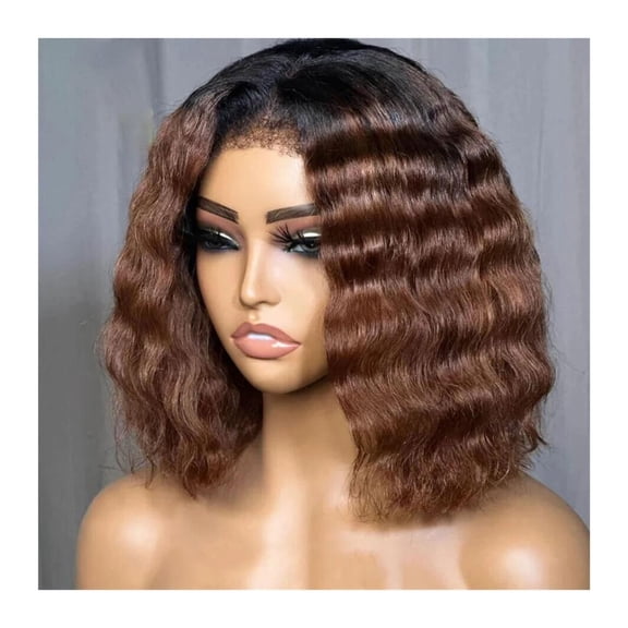 Baby Hair Heat Resistant Preplucked Short Bob Natrual 180 Density 16inch Ombre Brown Glueless deep wave Lace Front Wig For Women