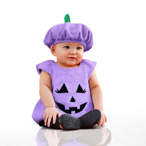 Baby Halloween Pumpkin Sleeveless Romper with Stem Hat Cute Onesie with Pumpkin Face Print and Hem Cute Fancy Outfit for Halloween Party Trick or Treat