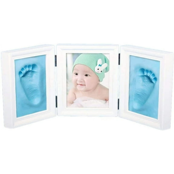 Baby Handprint Footprint Photo Frame Kit For Boys Perfect Baby Shower Gift, Premium Blue Clay And White Wooden Frames (Passed En71 Toy Safety Test)
