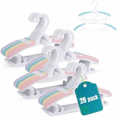 Baby Hangers 28 Pack, Durable Plastic Kids Hangers for Closet Organization, Bright Rainbow Colors & Stackable Design, Adjustable from Infant to Teen$$