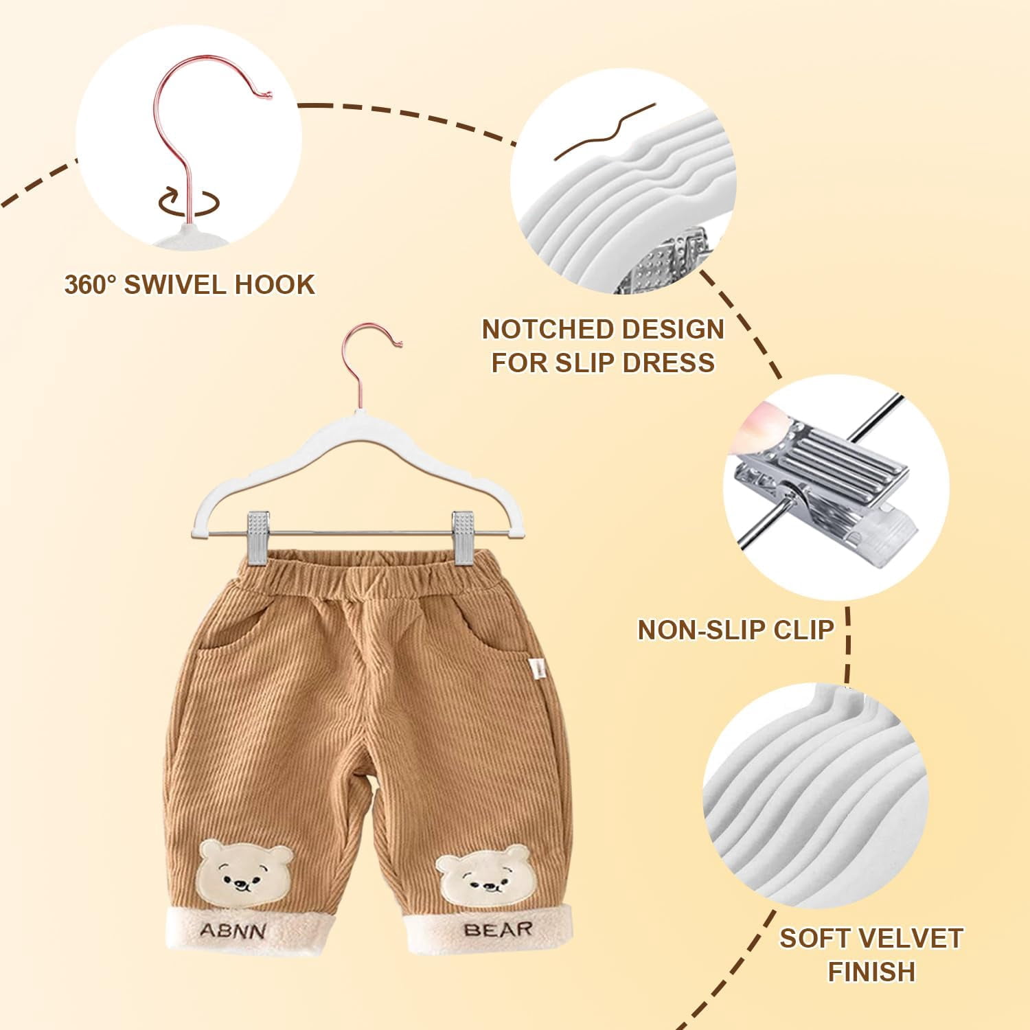 Baby Hangers with Clips, 14 Packs Kids Velvet Clothes Hangers, Heavy-Duty Childrens Pant Hangers for Shirts, Pants, Skirts, Dresses, Jackets, Coat White - Rose Gold Hook