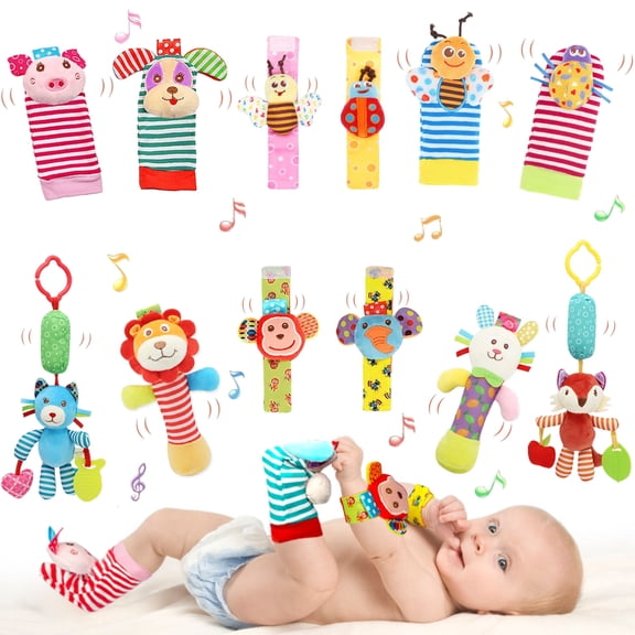 Baby Hanging Rattle, Wrist Rattles Foot Finder Rattle Sock, Hand and Feet Rattle Toy, Newborn Present Baby Shower Birthday Gift Set for0 3 6 9 12 24 to 36 Months Babies (12 pcs-D)
