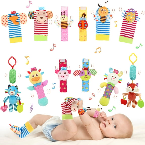 Baby Hanging Rattle, Wrist Rattles Foot Finder Rattle Sock, Hand and Feet Rattle Toy, Newborn Present Baby Shower Birthday Gift Set for0 3 6 9 12 24 to 36 Months Babies (12 pcs-E)