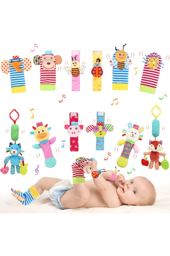 Baby Hanging Rattle, Wrist Rattles Foot Finder Rattle Sock, Hand and Feet Rattle Toy, Newborn Present Baby Shower Birthday Gift Set for0 3 6 9 12 24 to 36 Months Babies (12 pcs-E)