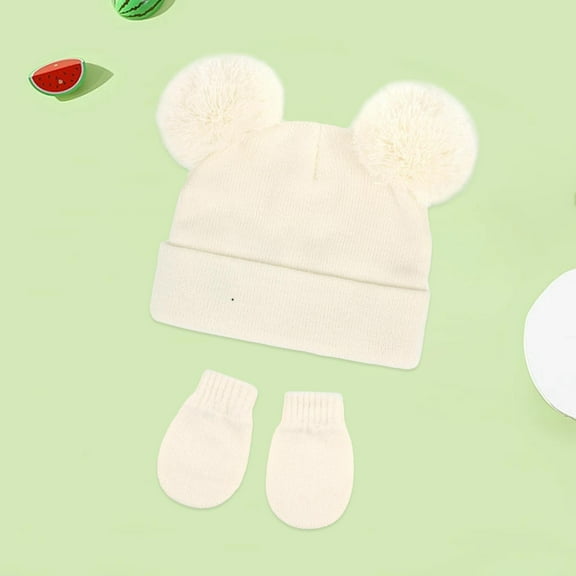 Baby Hat and Mittens Set, Knitted Winter Beanie with Double Pompoms, Newborn Toddler Ear Flap Hat, Soft Stretch Baby Winter Set for Boys and Girls, Infant Cold Weather Set Pink