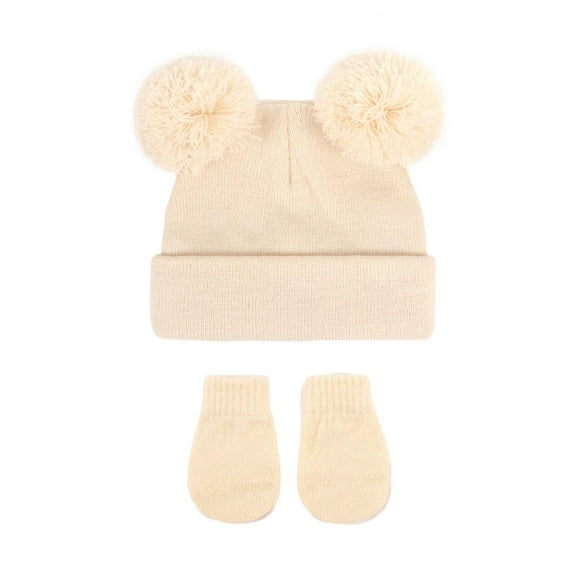 Baby Hat and Mittens Set, Knitted Winter Beanie with Double Pompoms, Newborn Toddler Ear Flap Hat, Soft Stretch Baby Winter Set for Boys and Girls, Infant Cold Weather Set Bronze