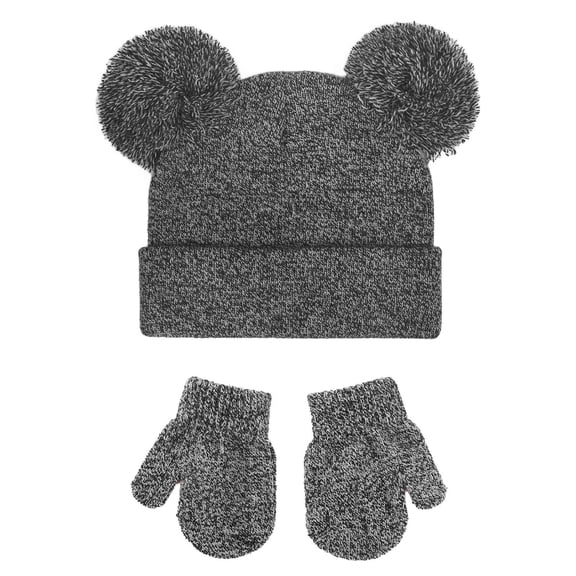 Baby Hat and Mittens Set, Knitted Winter Beanie with Double Pompoms, Newborn Toddler Ear Flap Hat, Soft Stretch Baby Winter Set for Boys and Girls, Infant Cold Weather Set Navy