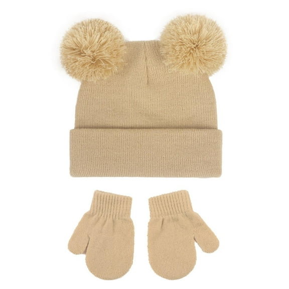 Baby Hat and Mittens Set, Knitted Winter Beanie with Double Pompoms, Newborn Toddler Ear Flap Hat, Soft Stretch Baby Winter Set for Boys and Girls, Infant Cold Weather Set Brown