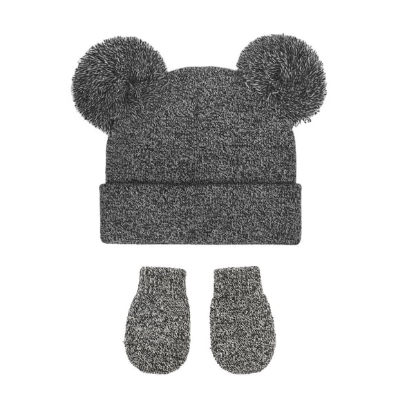 Baby Hat and Mittens Set, Knitted Winter Beanie with Double Pompoms, Newborn Toddler Ear Flap Hat, Soft Stretch Baby Winter Set for Boys and Girls, Infant Cold Weather Set Blue