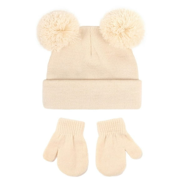 Baby Hat and Mittens Set, Knitted Winter Beanie with Double Pompoms, Newborn Toddler Ear Flap Hat, Soft Stretch Baby Winter Set for Boys and Girls, Infant Cold Weather Set Dark Gray