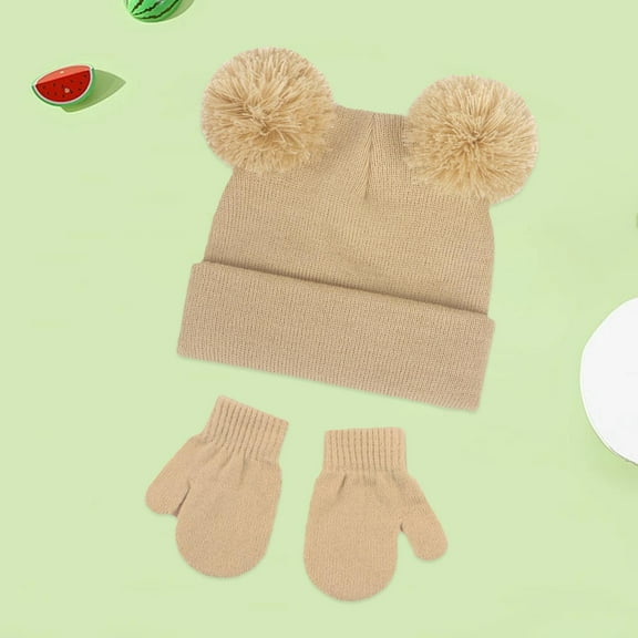 Baby Hat and Mittens Set, Knitted Winter Beanie with Double Pompoms, Newborn Toddler Ear Flap Hat, Soft Stretch Baby Winter Set for Boys and Girls, Infant Cold Weather Set Brown