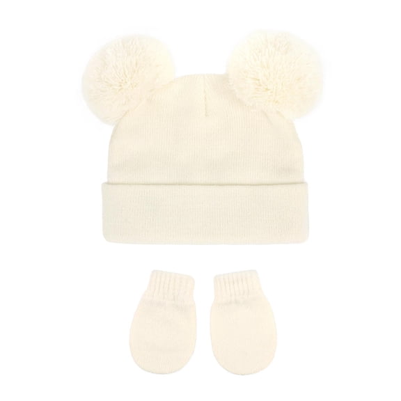 Baby Hat and Mittens Set, Knitted Winter Beanie with Double Pompoms, Newborn Toddler Ear Flap Hat, Soft Stretch Baby Winter Set for Boys and Girls, Infant Cold Weather Set Pink