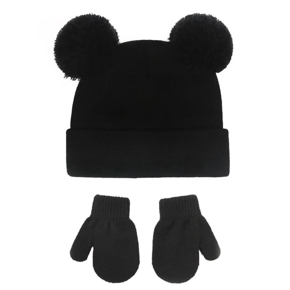 Baby Hat and Mittens Set, Knitted Winter Beanie with Double Pompoms, Newborn Toddler Ear Flap Hat, Soft Stretch Baby Winter Set for Boys and Girls, Infant Cold Weather Set Green