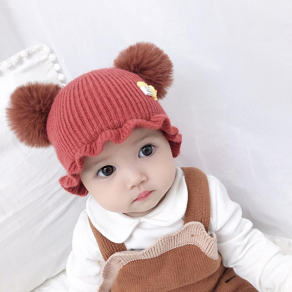 V3E Woolen Warm Double Pom Pom Cap Beanie Hat and Muffler Winter  Accessories for Baby Boys and Girls (Grey)-(1-3 Years)