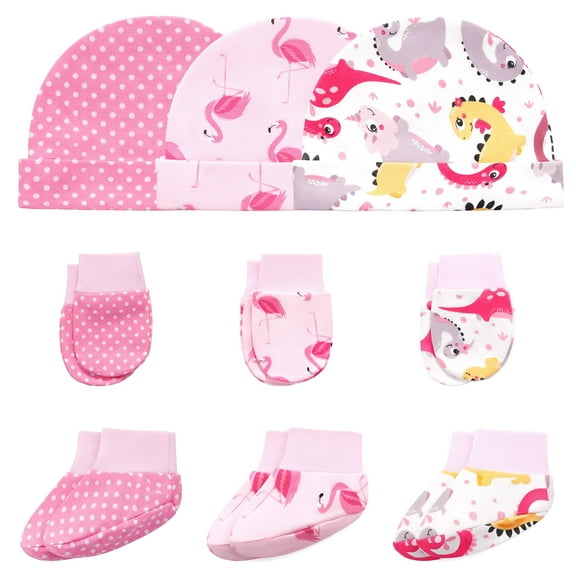Baby Hat and Mitten Set with Newborn Socks 3 Complete Baby Caps Gloves Socks Sets for 0-6 Months Girls Boys