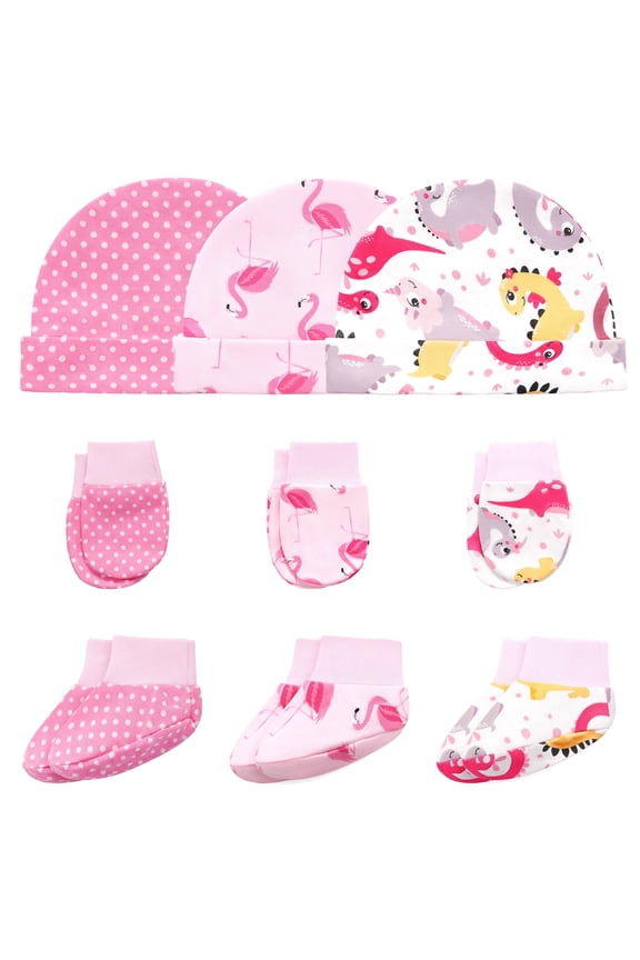 Baby Hat and Mitten Set with Newborn Socks 3 Complete Baby Caps Gloves Socks Sets for 0-6 Months Girls Boys