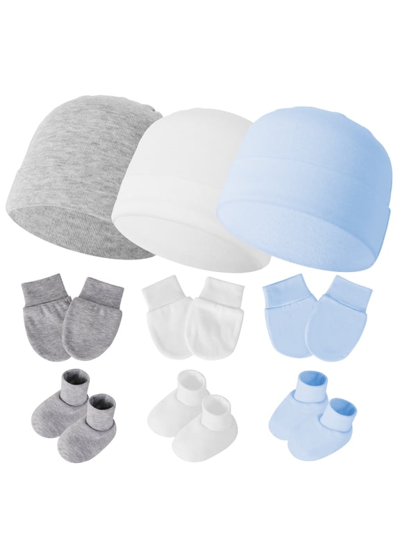 Baby Hat and Mitten Set with Newborn Socks 3 Complete Baby Caps Gloves Socks Sets for 0-6 Months Girls Boys