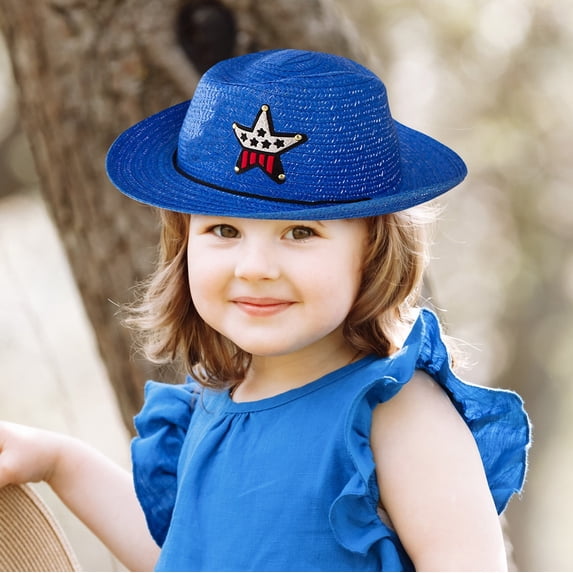 Baby Hats Kids Western Cowboy Straw Sun Hat Beach Blue A