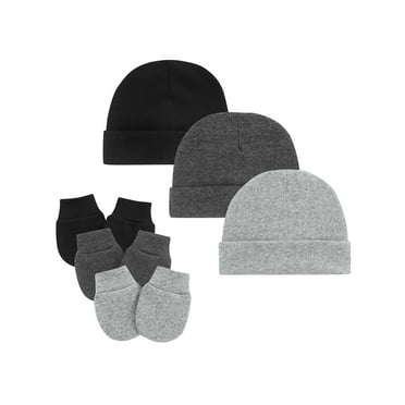 Baby Hats Mittens Set Newborn Cute Cotton Cap Baby No Scratch Gloves for Infants 3 Sets Black&Grey&Black Grey 0-6 Months