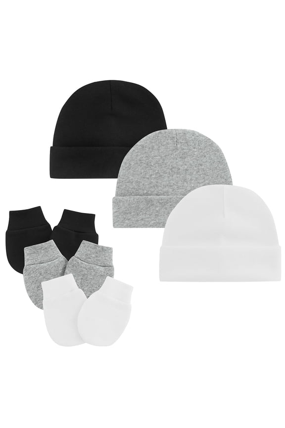 Baby Hats Mittens Set Newborn Cute Cotton Cap Baby No Scratch Gloves for Infants 3 Sets Black&White&Grey 0-6 Months